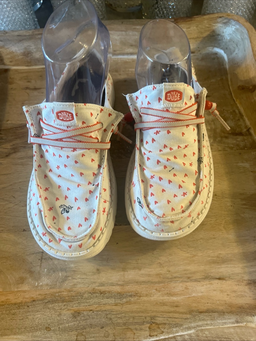 Hey Dude Women Cream Canvas Slip-On Sneakers with Red Heart Print